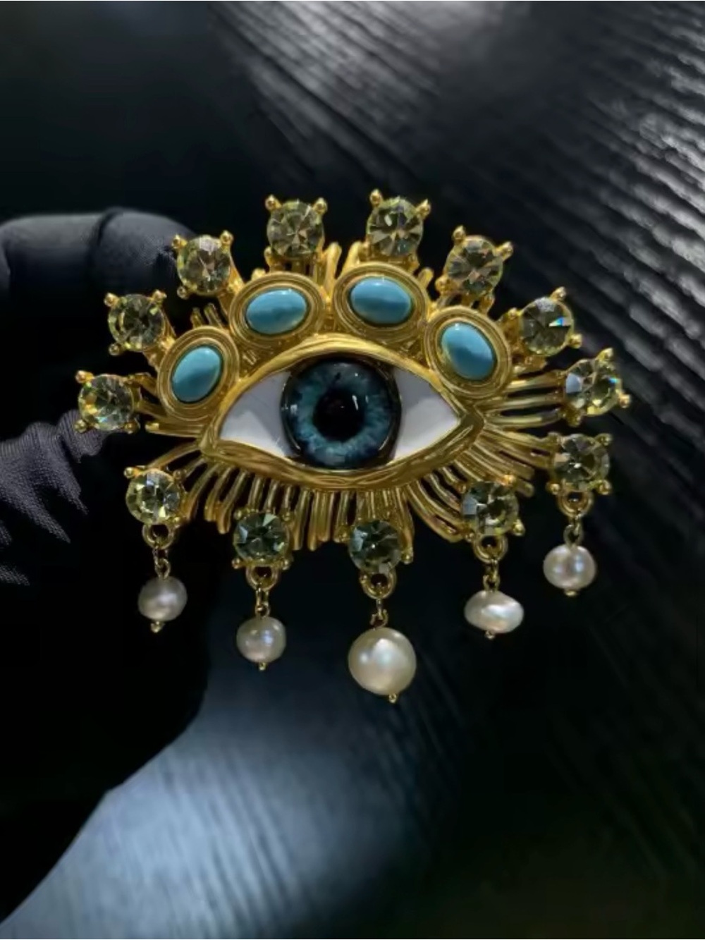 Gold-Tone Blue Eye Pendant with Turquoise Accents and Pearl Drops
